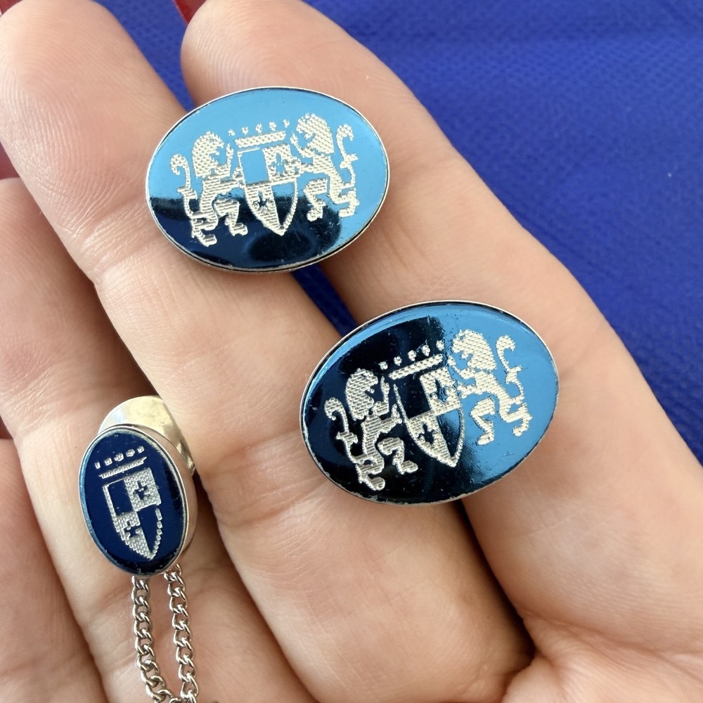 Vintage Blue Enamel Heraldic Crest Cufflinks Tie Tack Set Silver Tone Mens